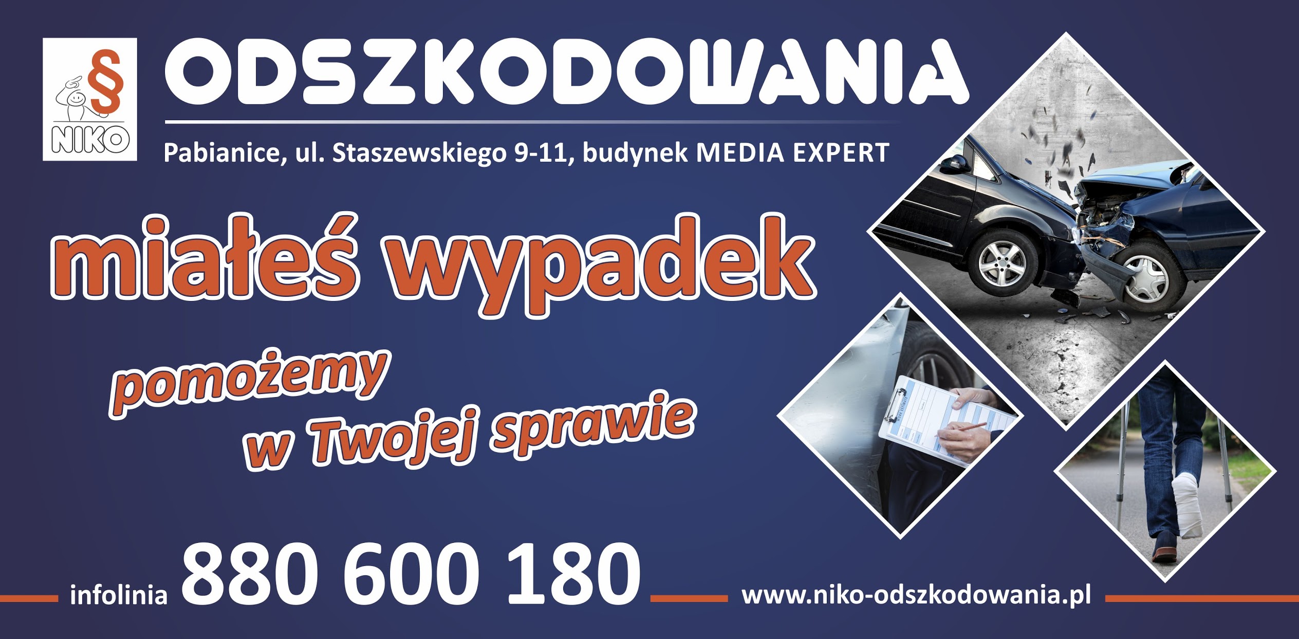 Baner ODSZKODOWANIA NIKO Pabianice z hasłem miałeś wypadek pomożemy w Twojej sprawie